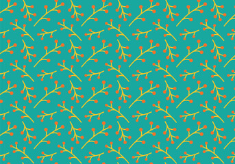 Seamless pattern with twigs on a green background. Vector illustration for decoration and printing on packaging, textiles, clothing, wallpaper, etc. Spring, summer, nature, plant, flowers, leaves.
