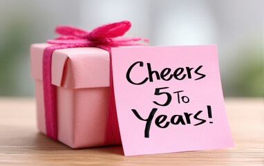 happy gift wrapped in pink with cheerful note celebrating five years of work and anniversary joy