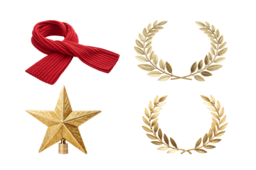 PNG bundle of Golden laurel wreaths, red scarf, and star ornament isolated on transparent background