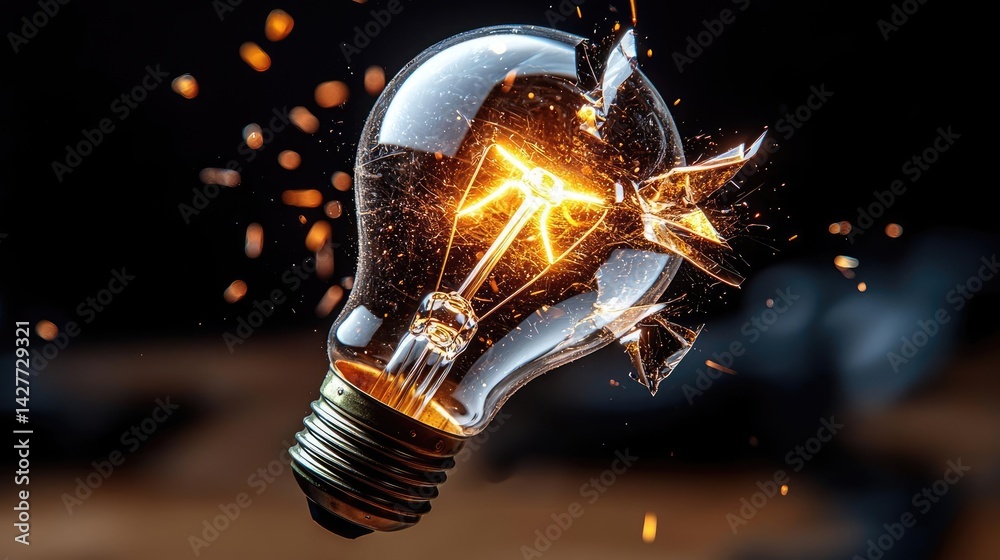 Poster explosion of lightbulb with creative invention impact concept. a shattered light bulb emitting glowi