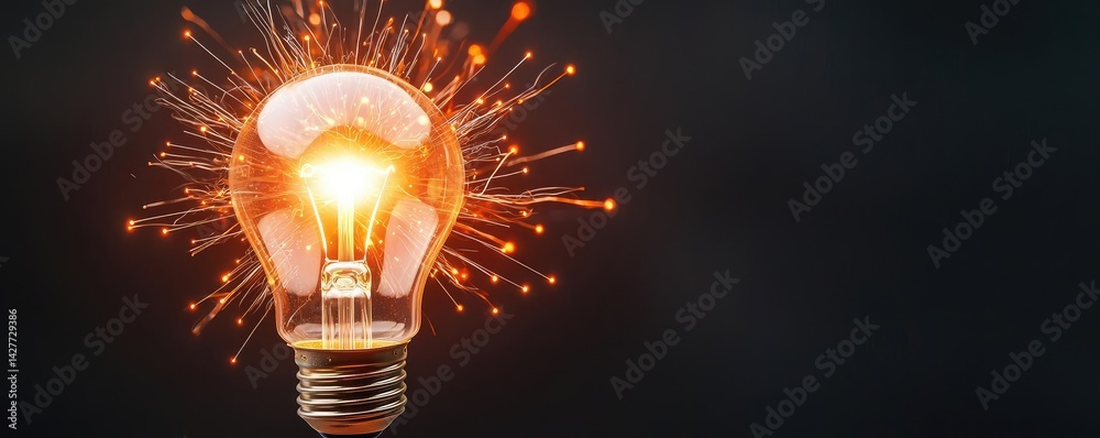 Poster explosion of lightbulb with creative invention impact concept. a glowing light bulb emitting bright 