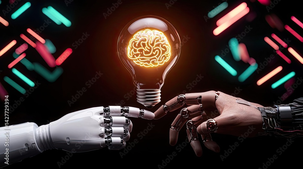 Poster Hands of robot and human touching with futuristic cyber connection concept. A robot and human hand connecting with a glowing brain light bulb.