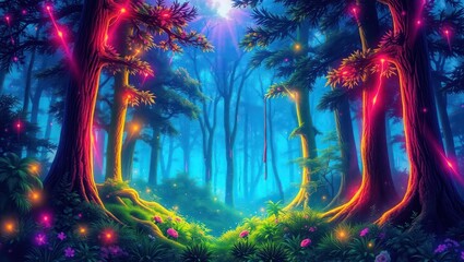 Fototapeta premium illustration of forest Neon splashing colorful background 