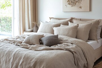 bed in hotel room, Japandi minimalist bedroom with elegant floating bed on tatami mats, hanging artwork above, soft natural light from large windows,