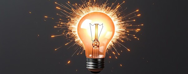 Explosion of lightbulb with creative invention impact concept. A glowing light bulb emitting sparks and illuminating darkness.