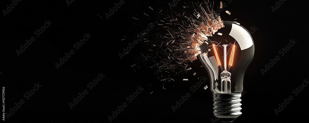 Poster explosion of lightbulb in electric high-speed burst concept. a shattered light bulb emits glowing sp