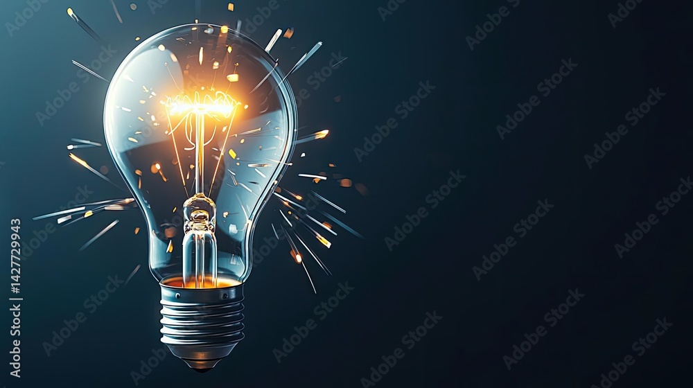 Poster explosion of lightbulb showing filament and invention concept. a glowing light bulb emitting sparks,