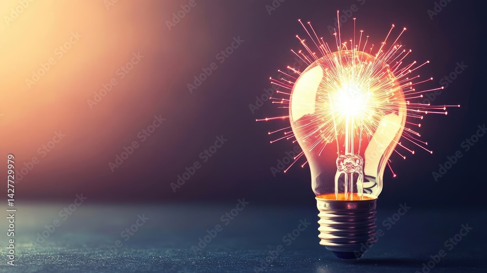 Poster explosion of lightbulb in electric high-speed burst concept. a glowing light bulb with creative spar