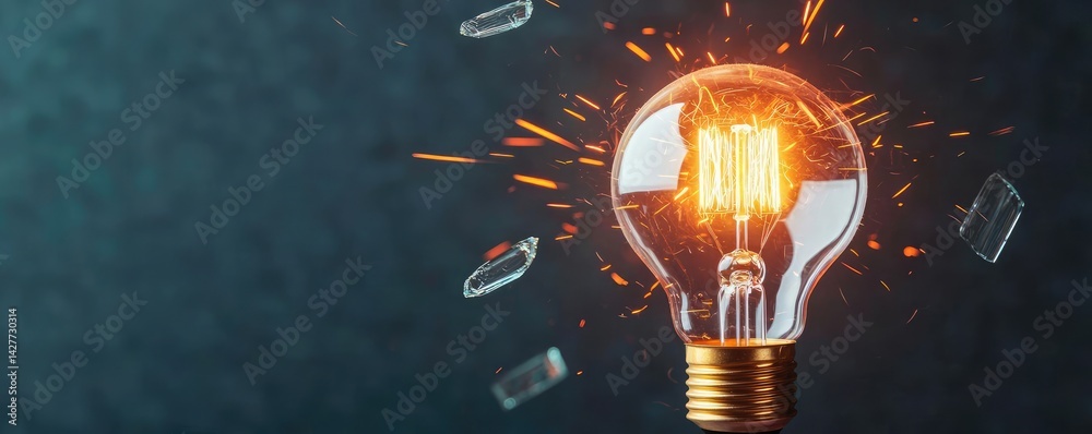 Poster Explosion of lightbulb showing filament and invention concept. Illuminating light bulb with sparks on dark background.