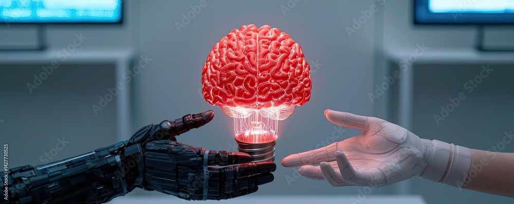 Poster Hands of robot and human touching with data science progress concept. A robotic hand and human hand exchanging a glowing brain bulb.