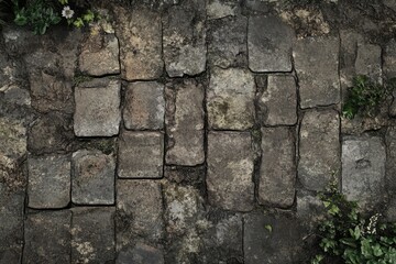 Obraz premium An overhead view of an aged cobblestone pathway, featuring uneven stones and patches of grass and small flowers, suggesting a serene outdoor setting ideal for nature photography