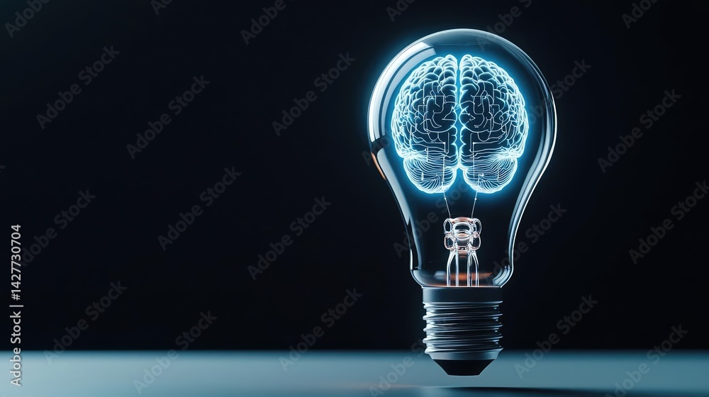 Poster Hands of robot and human touching with futuristic cyber connection concept. Light bulb showcasing a digital brain concept for innovation.