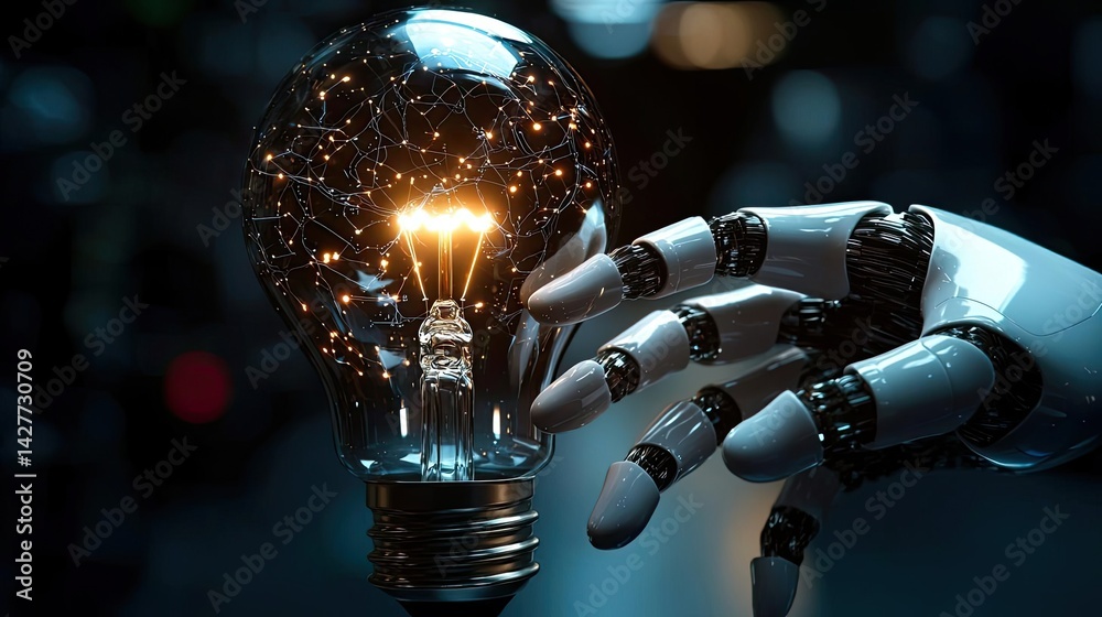 Poster Hands of robot and human touching with data science progress concept. A robotic hand holding a glowing lightbulb with intricate details.