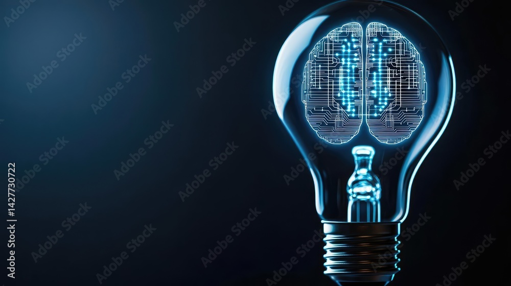 Poster hands of robot and human touching with futuristic cyber connection concept. a light bulb showcasing 