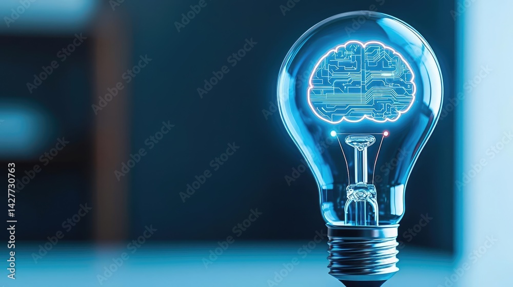 Poster Hands of robot and human touching with futuristic cyber connection concept. Illuminating idea symbolized by a light bulb with brain design.