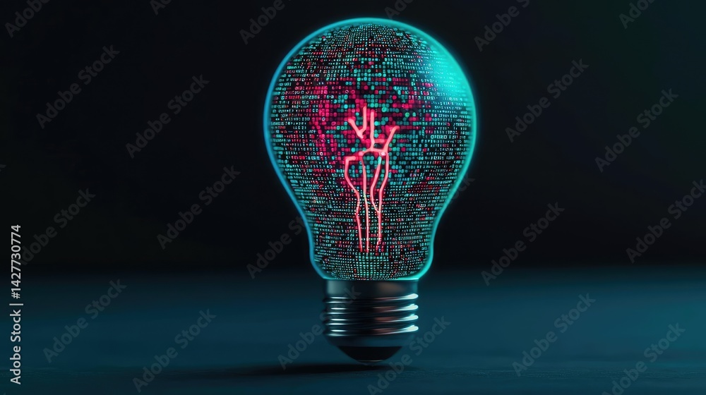 Poster Hands of robot and human touching with data science progress concept. A creatively designed light bulb showcasing vibrant colors.