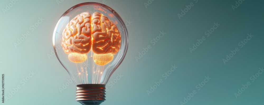 Poster Hands of robot and human touching with data science progress concept. A creative representation of a brain inside a light bulb.