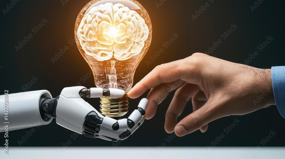 Poster Hands of robot and human touching in AI future collaboration concept. A robot hand reaches for a human hand, symbolizing innovation.