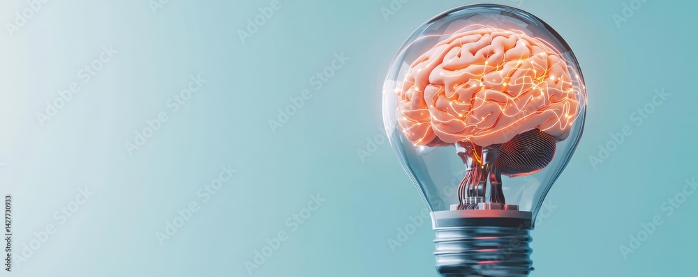 Poster Hands of robot and human touching with data science progress concept. A light bulb with a brain illustration symbolizes creativity.