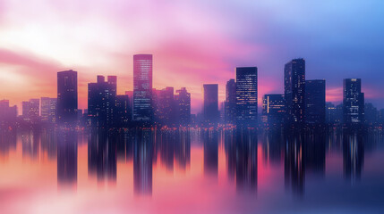 Obraz premium stunning city skyline sunset, featuring tall buildings reflecting water, with vibrant colors of pink, purple, and blue creating serene atmosphere