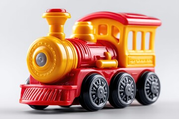 Colorful plastic toy train on a plain background.