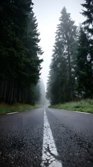 Obraz premium Empty Asphalt Road with White Lines Through Foggy Pine Tree Forest Landscape