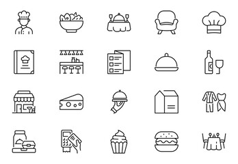 Restaurant outline icon set, cafe, bistro. Linear icon collection. Editable stroke. Vector illustration.