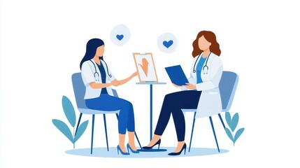 Fototapeta premium Two female healthcare professionals discussing patient care with a heart illustration.
