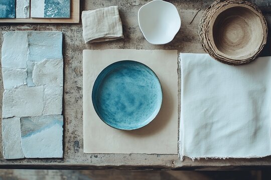 , Artistic composition of various stone slabs in circles, squares, rectangles, and circular plates, stacked in layers, showcasing neutral tones against a light beige background, 