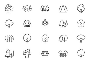Tree and Forest Line Icon Bundle. Modern Collection for Design, Web Sites, Apps, Cards. Contains Linear Images of Deciduous and Coniferous Trees. Editable stroke. Vector illustration.