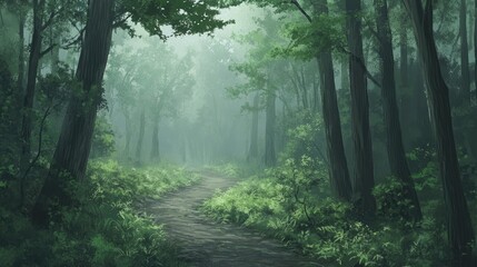 Fototapeta premium Serene forest path winding through lush greenery, surrounded by towering trees under a misty atmosphere, inviting exploration and tranquility in nature
