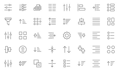 Sorting and filtering related linear icon set. Templates of data processing, structure order, digital management and other icons for business. vector illustration.