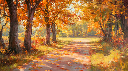 Fototapeta premium Sunlit Autumn Path with Falling Leaves and Trees