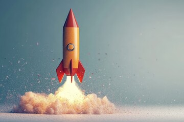 3D Render Retro Rocket Launch, Dust and Smoke, Startup Concept, rocket launch, 3d rendering