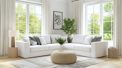 Fototapeta premium bright living space featuring a white sectional sofa large windows and natural textures creating a serene and modern interior aesthetic