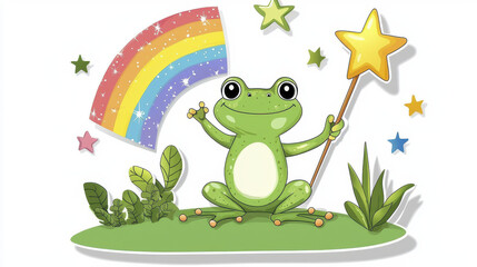 Fototapeta premium cheerful frog holds star wand, surrounded by rainbow and colorful stars, evoking sense of magic and joy