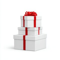 Stacked gift boxes with red ribbon isolated on white background