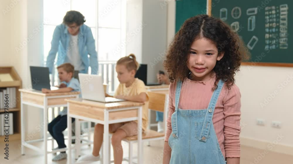 Poster caucasian energetic girl looking at camera while friend studying about writing engineering code or c