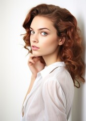 Fototapeta premium Auburn Curly Hair Woman White Shirt Hand Near Face Portrait
