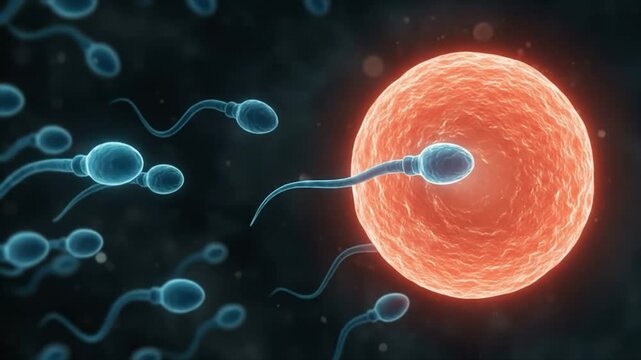 3D animation of multiple sperm cells swimming toward an egg cell, with one sperm making contact and starting fertilization. Realistic, educational medical motion graphics.
