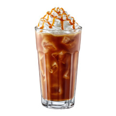 Iced coffee with whipped cream and caramel drizzle in glass