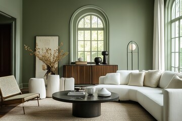 living room interior,  Elegant living room interior with dark wood coffee table, green walls, cream furniture, white sofa with flowers, framed pictures above couch, and cozy sophisticated
