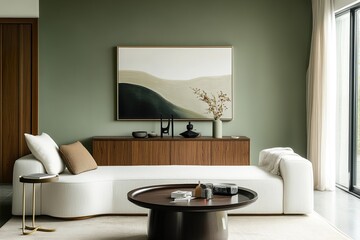 modern living room,  Elegant living room interior with dark wood coffee table, green walls, cream furniture, white sofa with flowers, framed pictures above couch, and cozy sophisticated