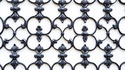 Ornate black metal grille pattern on a white wall
