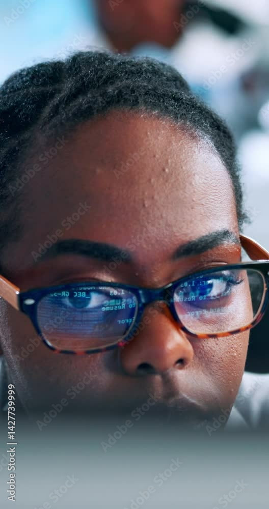 Poster Computer, glasses and black woman developer with code, programming or web design. Desktop, face and website development with African employee in workplace for administration, reading and network