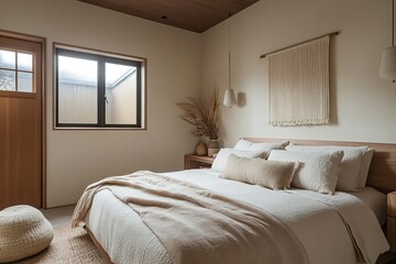 bedroom in hotel, Japandi minimalist bedroom with elegant floating bed on tatami mats, hanging artwork above, soft natural light from large windows,