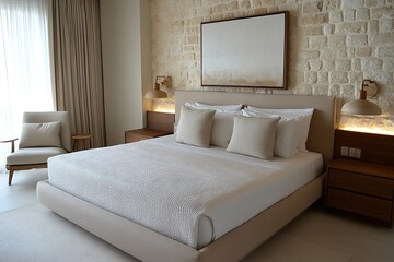 bedroom with bed, Japandi minimalist bedroom with elegant floating bed on tatami mats, hanging artwork above, soft natural light from large windows,