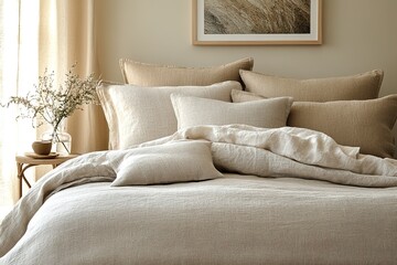 sofa and pillows, Japandi minimalist bedroom with elegant floating bed on tatami mats, hanging artwork above, soft natural light from large windows,