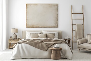 interior of a bedroom, Japandi minimalist bedroom with elegant floating bed on tatami mats, hanging artwork above, soft natural light from large windows,