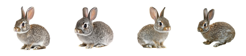 Fototapeta premium Rabbits in Various Poses on Black Background, cut out transparent